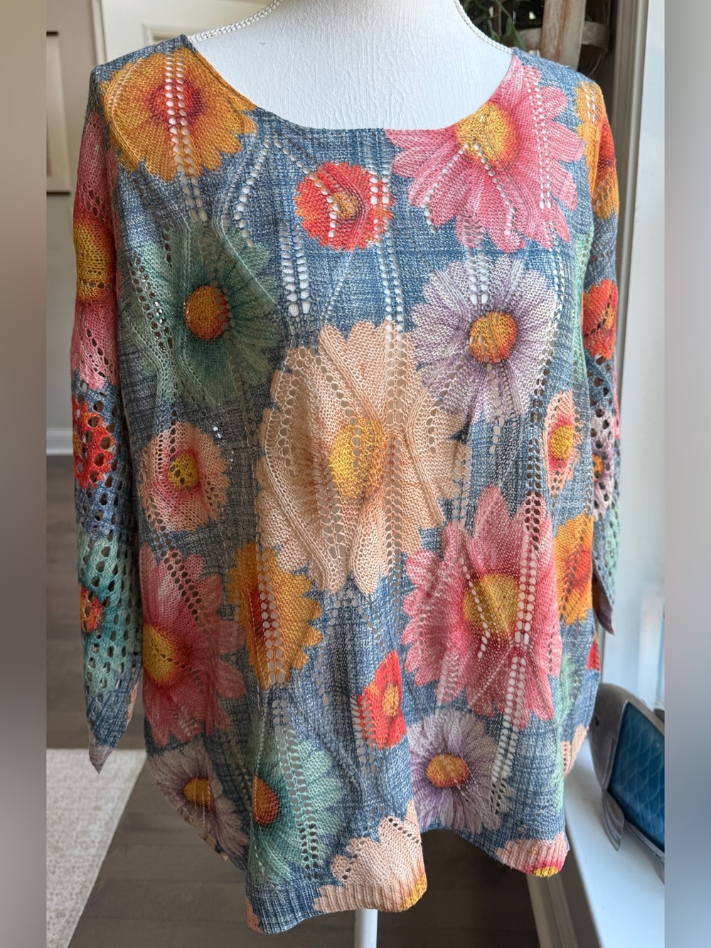 Floral Open-Knit Scoop Neck Sweater - Multi
